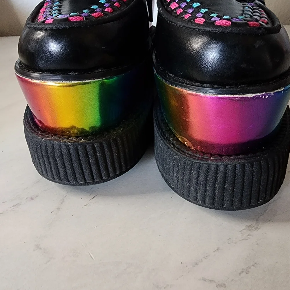 T.U.K. Rare Tuk Black Leather Triple Rainbow Sole Viva Creepers Mondo Size 6